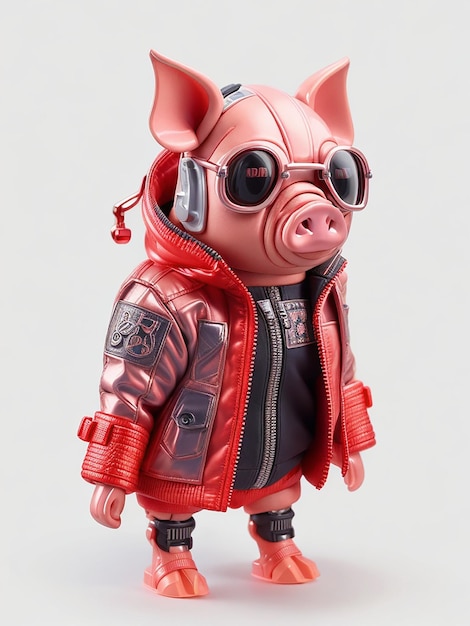 Un futuristico soldato maiale che indossa una giacca cyberpunk