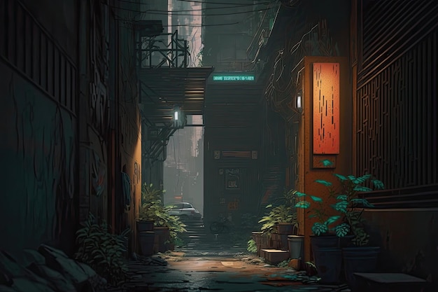 Un futuristico vicolo cyberpunk nel metaverso con luci al neon, pareti sgangherate e ombre scure che creano un'atmosfera minacciosa Generato dall'IA