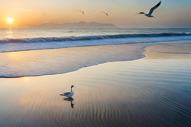 Un gabbiano cammina sulla spiaggia al tramonto.