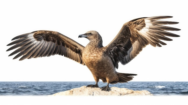 Un gabbiano con le ali spiegate su una roccia di fronte all'oceano.