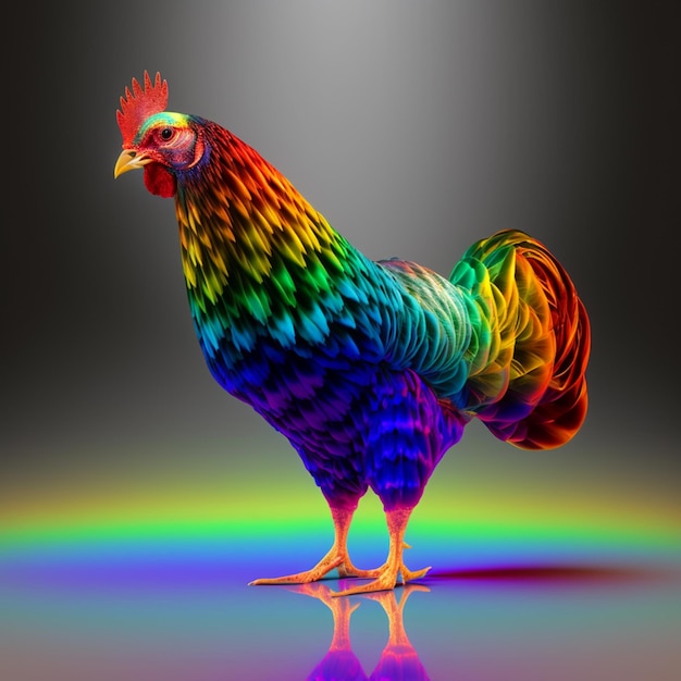 Un gallo colorato con un arcobaleno in testa