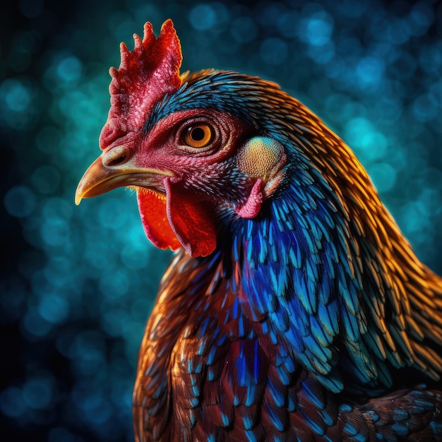 Un gallo colorato con un occhio rosso e uno sfondo blu.