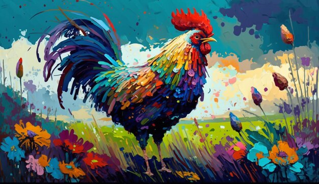 Un gallo colorato è sull'erba.