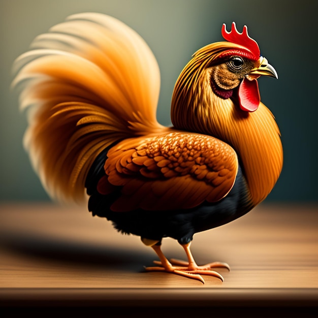 Un gallo con la coda rossa e la coda nera e oro.