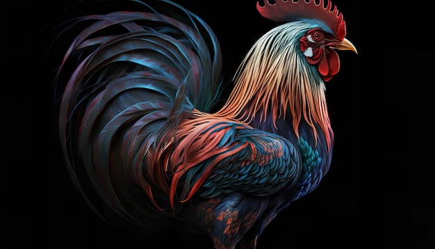 Un gallo con una coda rossa e una coda blu