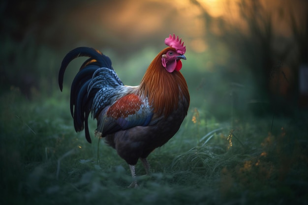 Un gallo in un campo con il sole che splende su di esso