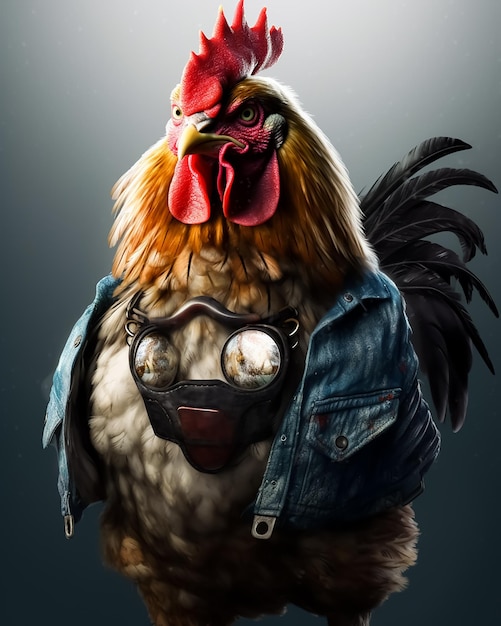 Un gallo Membro della banda in muscoli che indossa una giacca di pelle e un orologio