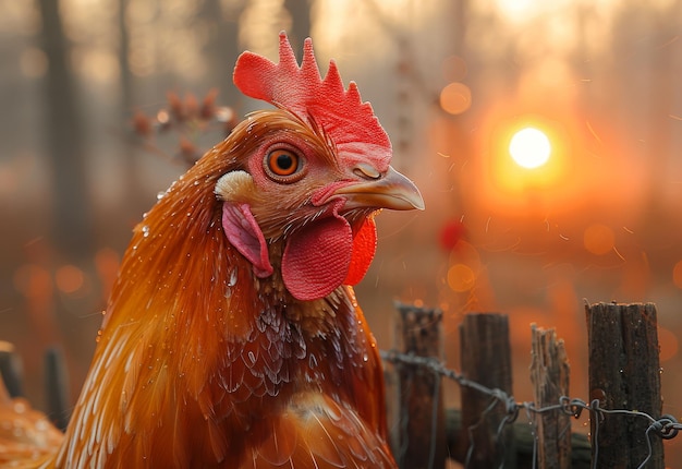 Un gallo seduto sulla recinzione al tramonto Un pollo in piedi fuori da una recinzione