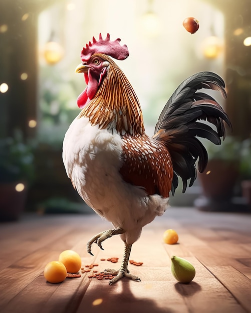 Un gallo si trova su un pavimento di legno con un cartello che dice "pollo"