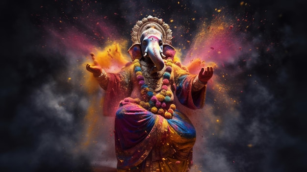 un Ganesha in spruzzi di polvere di holi su sfondo scuro