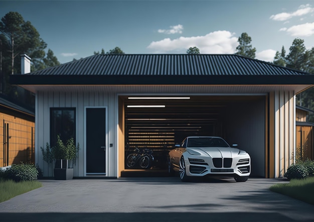 Un garage bmw con un'auto bmw nel garage.