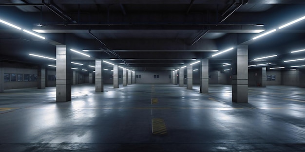 Un garage vuoto del centro commerciale che mostra una serie di luci