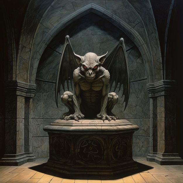 Un gargoyle solitario veglia su una cripta mistica alimentata dall'IA generativa