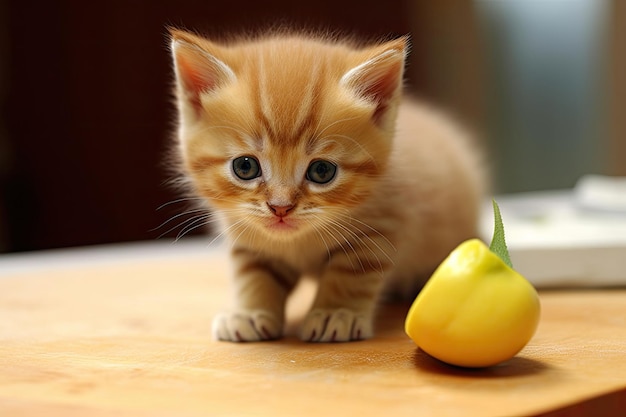 un gattino accanto a un peperone giallo