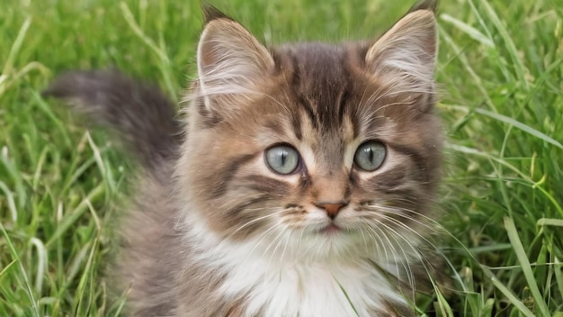 Un gattino adorabile in un prato estivo, erba dolce e fiori su uno sfondo verde.