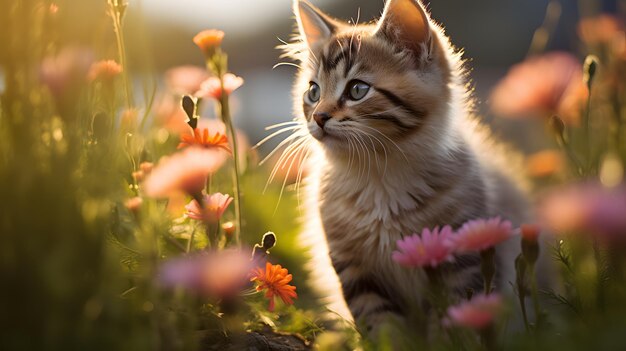 Un gattino adorabile seduto in fiori sull'erba