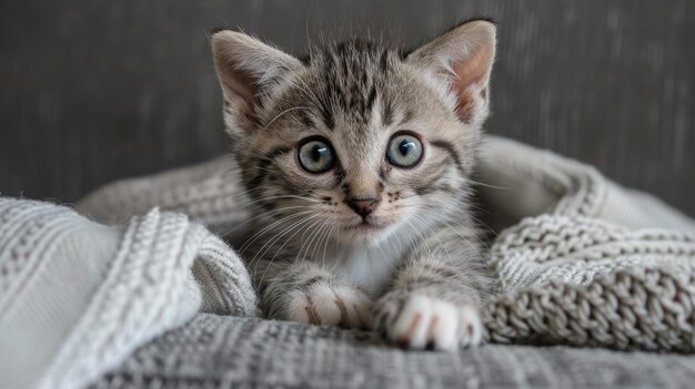 Un gattino adorabile si poggia su un confortevole divano grigio