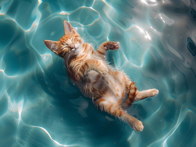 Un gattino arancione e bianco che galleggia in una piscina di acqua blu limpida