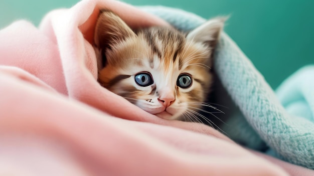 Un gattino avvolto in una coperta