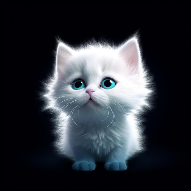 un gattino bianco con gli occhi azzurri e il naso rosa si siede su uno sfondo nero