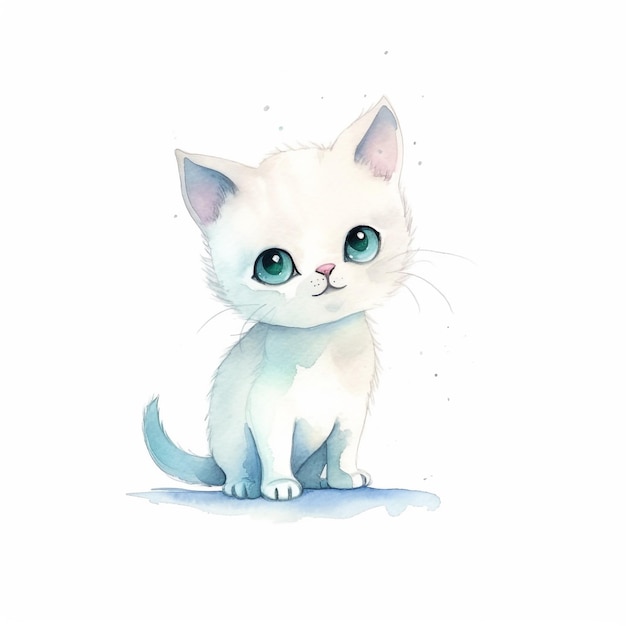 Un gattino bianco con gli occhi azzurri si siede su uno sfondo bianco.
