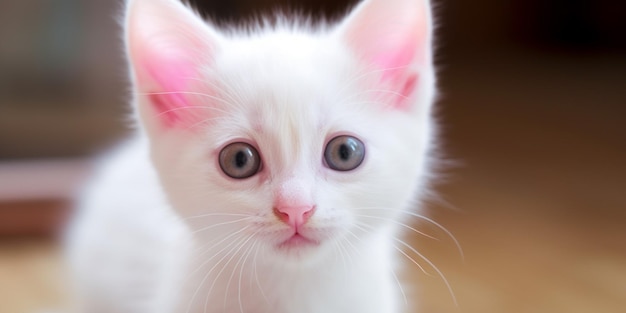 Un gattino bianco con orecchie rosa e occhi azzurri