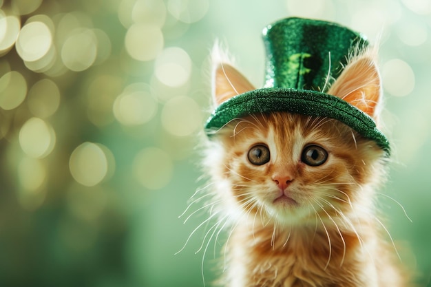 Un gattino carino che indossa un costume del giorno di San Patrizio su uno sfondo verde