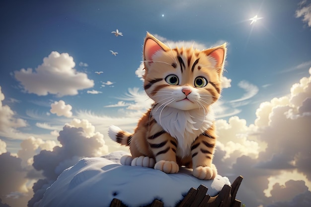 Un gattino carino che si rilassa sulle nuvole