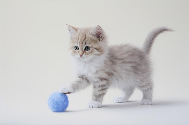 Un gattino carino con una palla blu a casa