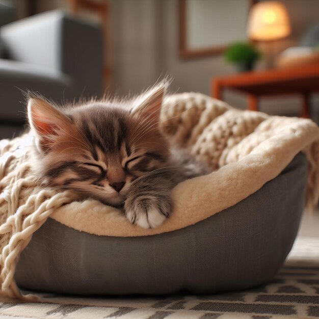 Un gattino carino dorme nel suo letto accogliente nel soggiorno.