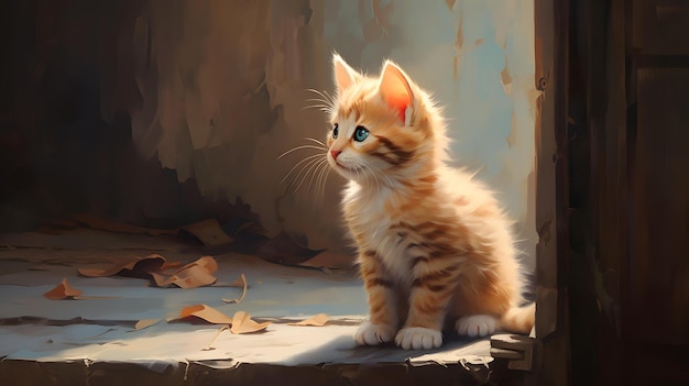 un gattino carino si siede davanti a un muro con le foglie.