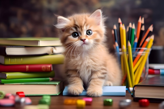 Un gattino carino si siede su un tavolo con libri e rifornimenti scolastici Il concetto di istruzione