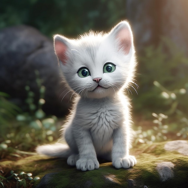Un gattino cartone animato bianco con gli occhi azzurri seduto sull'erba IA generativa