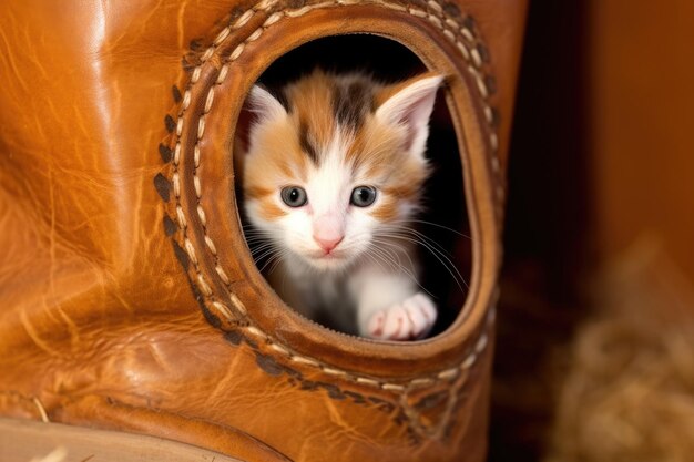 Un gattino che esce dall'interno di uno stivale da cowboy