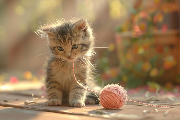 Un gattino che gioca con una palla di filato