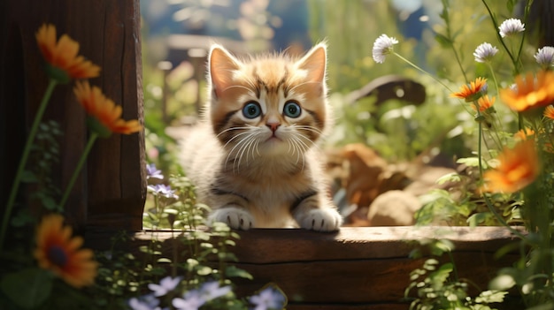 Un gattino che gioca in giardino