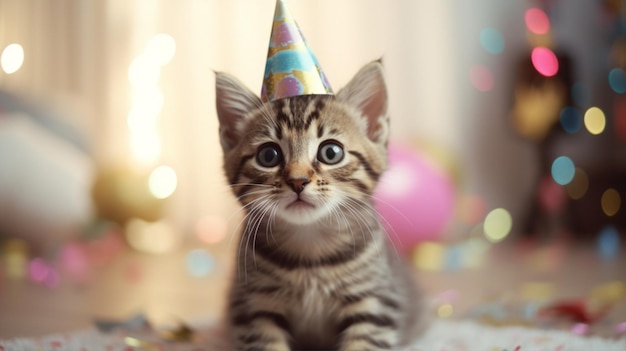 Un gattino che indossa un cappello da festa si siede su un letto.