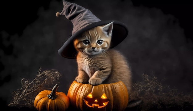 Un gattino che indossa un cappello da mago seduto su una zucca