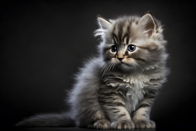 Un gattino con gli occhi azzurri siede su uno sfondo scuro.