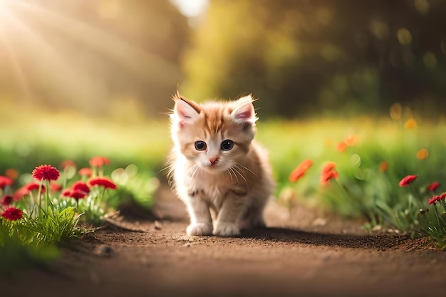 Un gattino con il naso rosso sta camminando in un giardino.