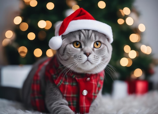 Un gattino con un cappello di Babbo Natale e un fiocco sul collo si siede sotto l'albero di Capodanno tra i Capodanno