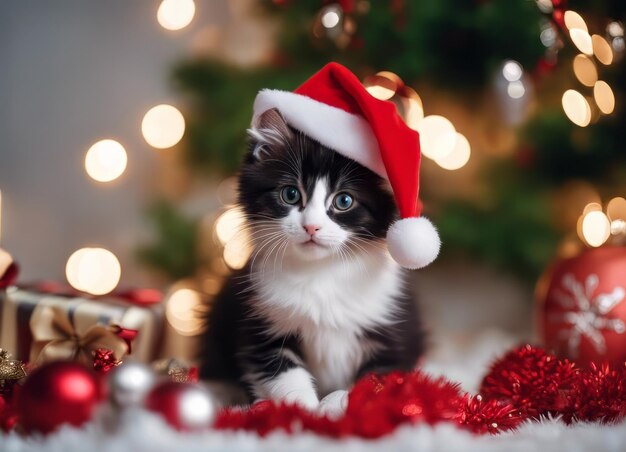 Un gattino con un cappello di Babbo Natale e un fiocco sul collo si siede sotto l'albero di Capodanno tra i Capodanno