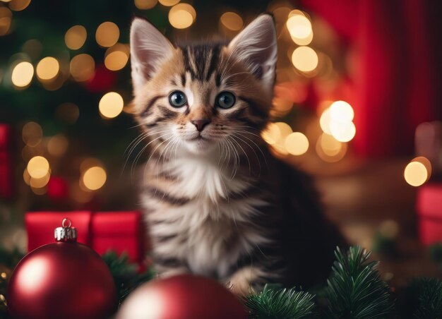 Un gattino con un cappello di Babbo Natale e un fiocco sul collo si siede sotto l'albero di Capodanno tra i Capodanno