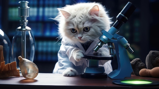 Un gattino con un cappotto da laboratorio che funge da scienziato con un microscopio