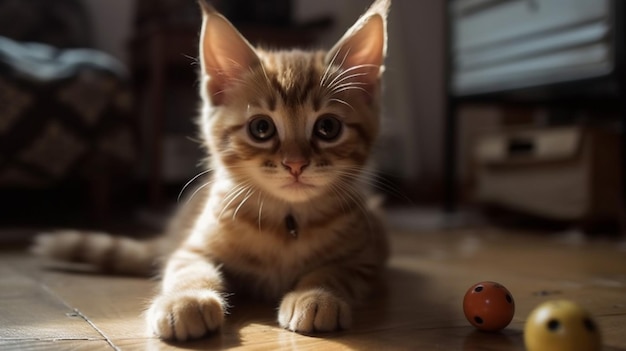 Un gattino con un dado rosso sul pavimento