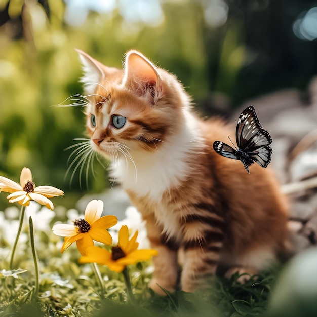 Un gattino con una farfalla sul petto è seduto sull'erba.