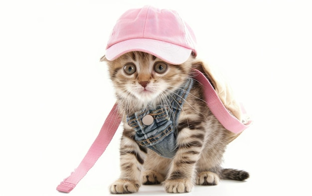 Un gattino dolce vestito di jeans e rosa isolato su uno sfondo bianco Generative Ai