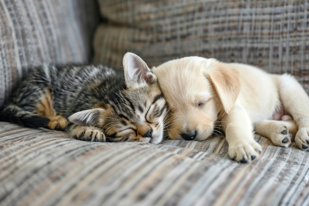 un gattino e un piccolo cucciolo insieme sul divano