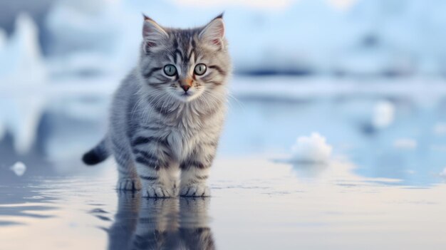 Un gattino estremamente carino su un lago ghiacciato in inverno