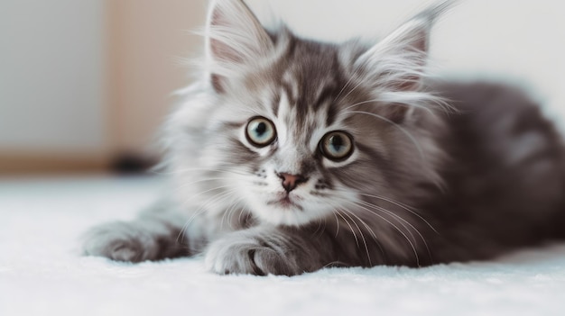 Un gattino grigio con gli occhi azzurri si trova su un tappeto bianco.